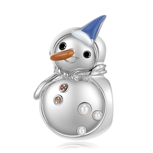 Abalorio de muñeco de nieve de plata S925 con gorro azul y detalles de perlas blancas