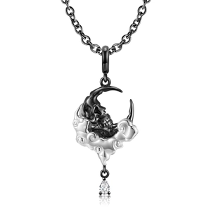 Punk style black gold plated crescent moon skull necklace with silver cloud and zircon