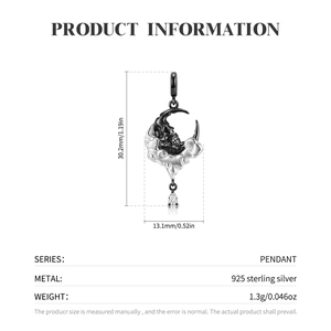S925 sterling silver moon skull pendant with black gold plating and teardrop zircon