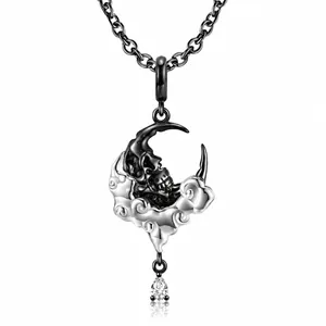 Gothic 925 Sterling Silver Skull Moon Pendant Necklace With Zirconia Punk Black Gunmetal Silver Chain Necklaces Unisex Jewelry