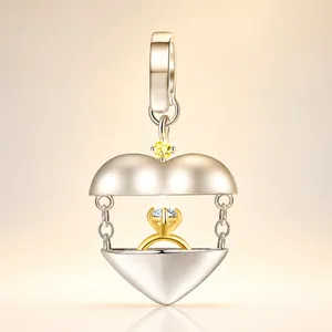 Charm Médaillon Cœur en Argent Sterling 925 Avec Bague Surprise à l'Intérieur Pendentif Incrusté de Strass pour Bracelet Bijoux DIY Cadeau Femme