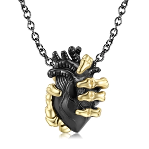 Gothische 925 zilveren hart ketting met gouden skelet handen en zwarte metalen schakels