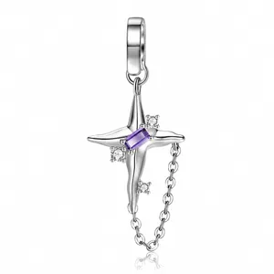 925 Sterlingsilber Vierpunkt Stern Anhänger Lila Zirkonia Y2K Stil Schmuck Charm Zubehör Für Halskette Armband