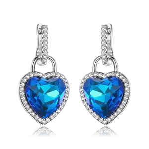 S925 silver heart stud earrings with blue zircon center stone and halo crystals