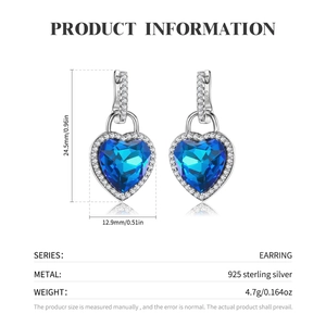 S925 sterling silver heart-shaped earrings with blue zircon in a halo setting