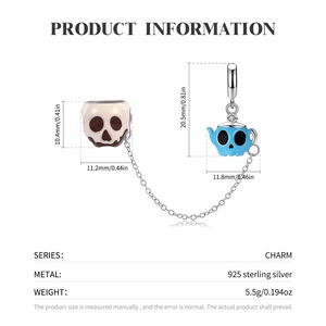 925 sterling silver skull teacup charm with blue enamel details for DIY bracelets