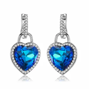 925 Sterling Silver Blue Heart Zirconia Dangle Earrings Romantic Heart Shaped Leverback Earrings Jewelry For Women Gift