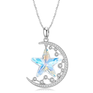 Elegant S925 sterling silver necklace featuring star moon pendant with Aurora crystal
