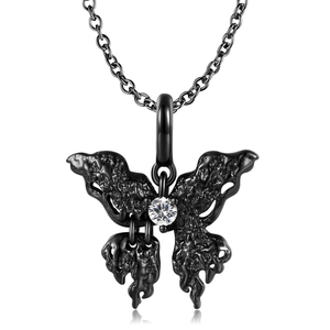Gothic black gold plated S925 silver butterfly necklace with lava texture and zircon