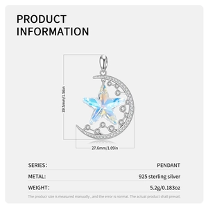 S925 sterling silver moon and star pendant necklace with aurora crystal 39.5mm height