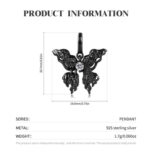 S925 sterling silver black butterfly pendant with lava texture and zircon stone