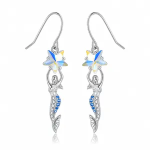 Pendientes de Gota de Plata de Ley 925 Sirena Con Estrella Cristal Irisado Zirconia Azul Blanco Joyería Para Mujer