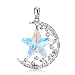 Close-up of S925 silver star and moon pendant with iridescent crystal and zircon