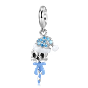 925 Sterling Silber Weihnachtstotenkopf Anhänger mit blauem Zirkonhut und Zuckerstange