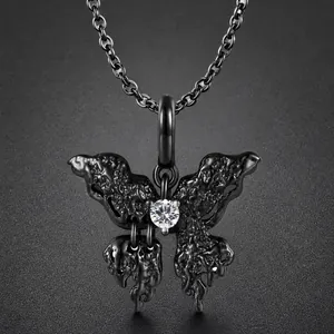 Gothic 925 Sterling Silver Butterfly Pendant Necklace With Zirconia Inlay Molten Lava Texture Niche Design For Women Men