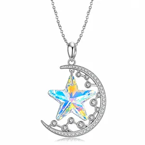 925 Sterling Silver Star Moon Pendant Necklace With Aurora Borealis Crystal Zirconia For Women Sweet Fairy Clavicle Chain
