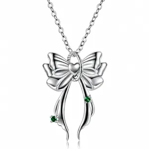 Y2K Stijl S925 Sterling Zilveren Strik Hart Ketting Hanger Voor Vrouwen Sweet Cool Strass Groene Edelsteen Sieraden