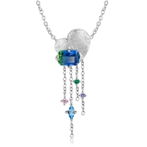 S925 sterling zilveren hartvormige ketting met gezandstraalde afwerking en kleurrijke kwastjes