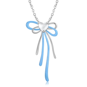 Minimalistische S925 zilveren ketting met blauwe emaille strik en hartvormige hanger