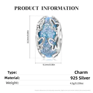 Blue butterfly glass charm in 925 sterling silver for bracelets with dimensions details
