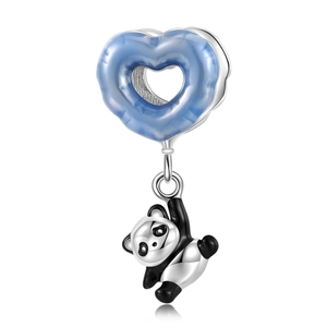 Detailed view of a silver panda charm with a blue heart balloon pendant accessory