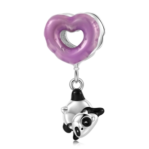 S925 sterling silver panda charm with purple enamel heart and inverted panda design