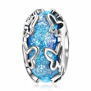 925 Sterling Silver Blue Butterfly Hollow Charm Bead Inlaid Lampwork Glass Pendant For DIY Bracelet Jewelry Making For Women