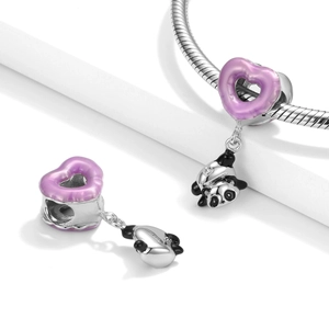 925 sterling silver panda charm with purple heart balloon for DIY snake chain bracelet