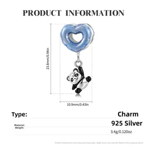 Macro view of 925 sterling silver panda charm with light blue heart balloon bead