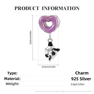 Macro detail of a 925 sterling silver panda charm with a purple heart-shaped donut