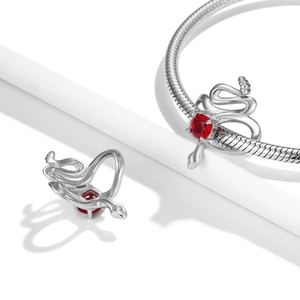 S925 sterling silver rattlesnake charm with red birthstone on snake chain bracelet