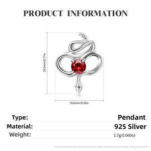 S925 sterling silver rattlesnake charm with red gemstone and technical dimensions