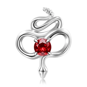 Detailed view of S925 silver rattlesnake pendant with a red zircon gemstone setting
