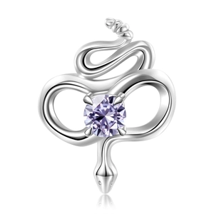 Detailed view of S925 silver rattlesnake charm with polished purple zircon stone