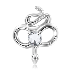 Macro detail of S925 sterling silver rattlesnake charm with inlaid cubic zirconia gemstone