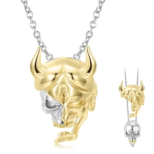 Golden Hannya mask and silver skull pendant necklace in two-tone 925 sterling silver