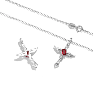 Collana in argento sterling S925 con croce ad ala d'angelo e gemma rossa centrale