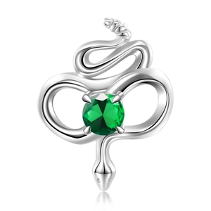 Macro detail of S925 sterling silver rattlesnake charm with round green zircon stone