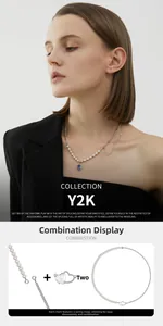 Detailed view of modular Y2K silver necklace with detachable pearls and purple pendant
