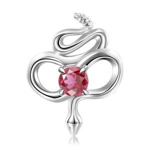 Detailed close-up of a 925 silver rattlesnake pendant with a round pink gemstone inlay