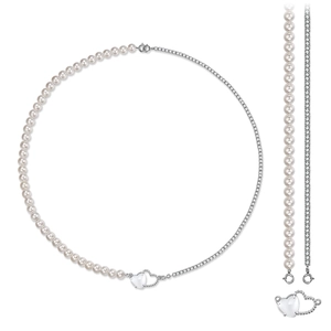S925 sterling silver necklace with pearl strand, CZ chain and double heart pendant