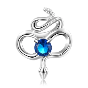 Detailed S925 sterling silver rattlesnake charm with round blue zircon gemstone inlay