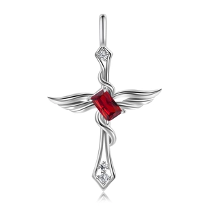 Collana a croce con ali d'angelo in argento con gemma rettangolare rossa e zirconi