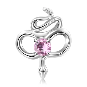 Macro detail of S925 sterling silver rattlesnake charm with a pink zircon birthstone