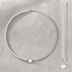925 Sterling Silver Patchwork Necklace With Artificial Pearl Zirconia Asymmetric Heart Pendant Y2K Style Choker Jewelry For Women