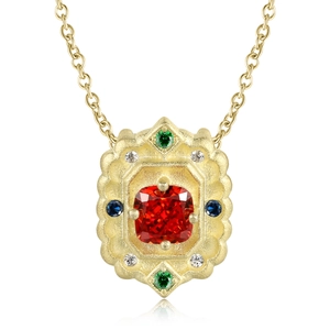 S925 silver 14k gold plated necklace with vintage sandblasted red gemstone pendant