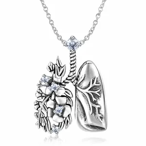 925 Sterling Zilver Anatomische Long Hanger Ketting Met Bloem Strass Asymmetrische Medische Artistieke Sieraden Cadeau Voor Vrouwen