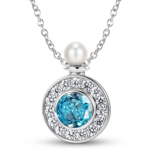 Collar de plata de ley S925 con una piedra preciosa azul y colgante de perla blanca
