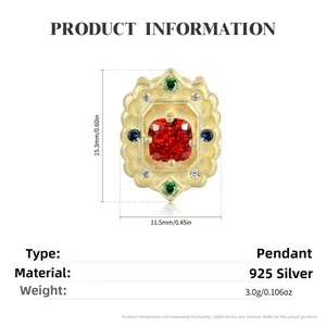 S925 silver 14k gold-plated pendant with square red stone and vintage wavy frame