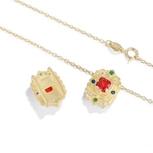 S925 sterling silver 14k gold necklace with red square stone and multi-color gems